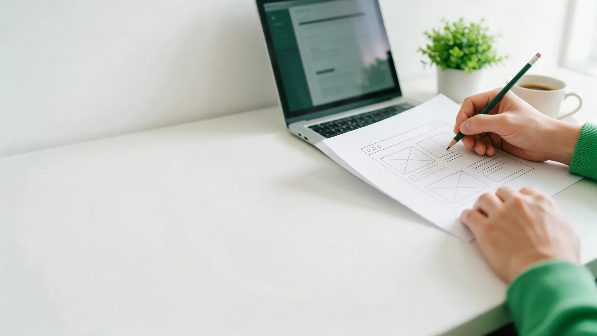 Mãos desenhando o esboço de um site no papel ao lado do notebook